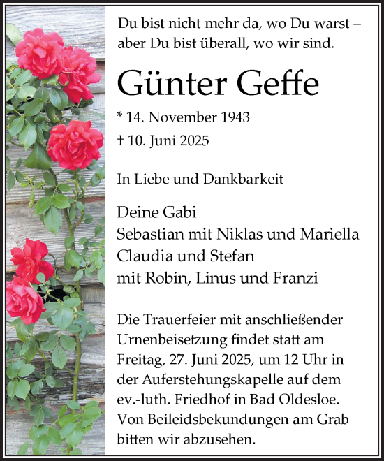Traueranzeige von Günter Geffe von MARKT Bad Oldesloe/Reinfeld und Stormarner Tageblatt