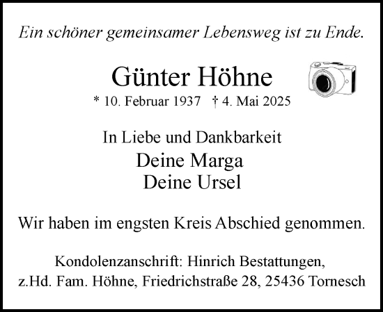 Traueranzeige von Günter Höhne von Uetersener Nachrichten, Der tip am Wochenende