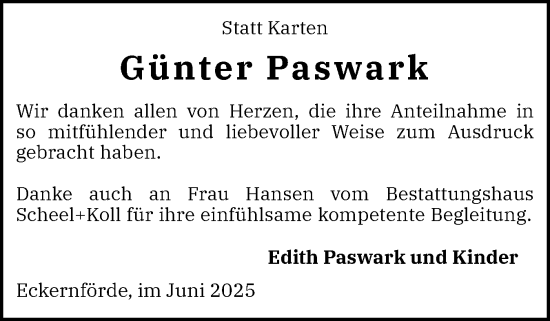 Traueranzeige von Günter Paswark von Eckernförder Zeitung, Hallo Eckernförde