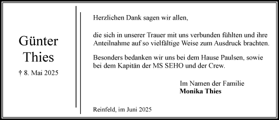 Traueranzeige von Günter Thies von MARKT Bad Oldesloe/Reinfeld und Stormarner Tageblatt