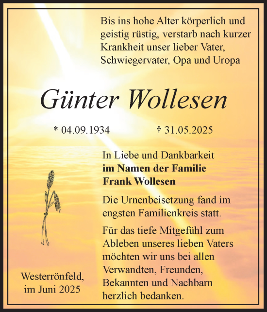 Traueranzeige von Günter Wollesen von Schleswig-Holsteinische Landeszeitung