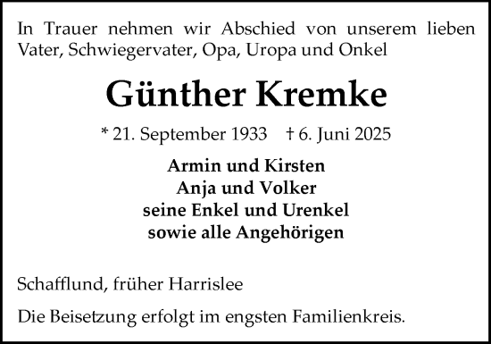Traueranzeige von Günther Kremke von Flensburger Tageblatt