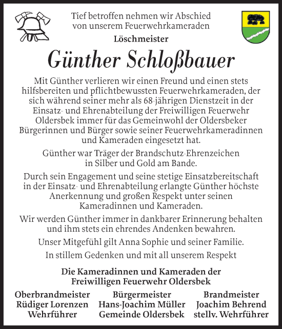 Traueranzeige von Günther Schloßbauer von Husumer Nachrichten, Nordfriesland Tageblatt