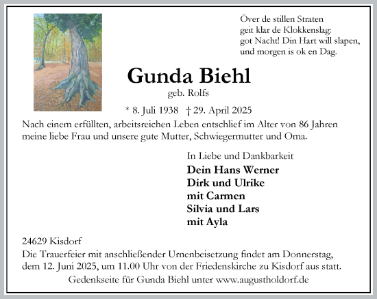 Traueranzeige von Gunda Biehl von Umschau