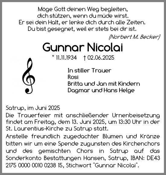 Traueranzeige von Gunnar Nicolai von Flensburger Tageblatt