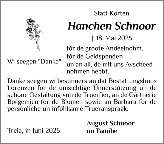 Traueranzeige von Hanchen Schnoor von Schleswiger Nachrichten, Schlei-Bote