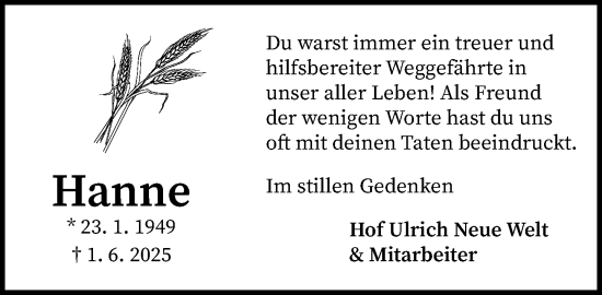 Traueranzeige von Hanne  von MARKT Ratzeburg/Mölln