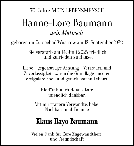 Traueranzeige von Hanne-Lore Baumann von Region Pinneberg und tip Pinneberg