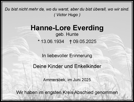 Traueranzeige von Hanne-Lore Everding von MARKT Ahrensburg/Bargteheide/Trittau und Stormarner Tageblatt