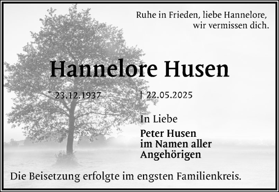 Traueranzeige von Hannelore Husen von Flensburger Tageblatt