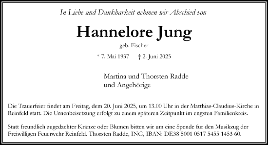 Traueranzeige von Hannelore Jung von MARKT Bad Oldesloe/Reinfeld und Stormarner Tageblatt