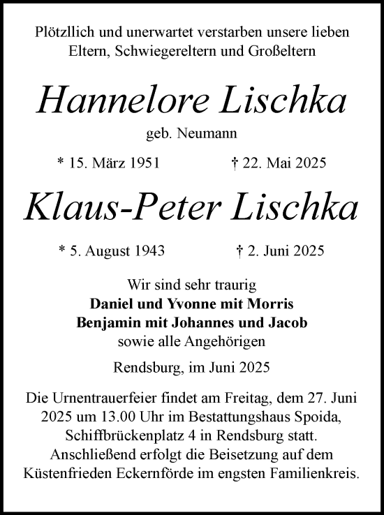 Traueranzeige von Hannelore Lischka von Schleswig-Holsteinische Landeszeitung