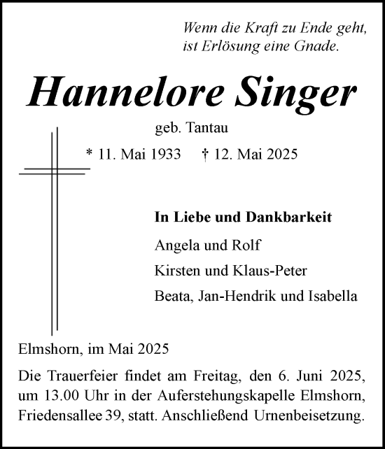 Traueranzeige von Hannelore Singer von Elmshorner Nachrichten, Barmstedter Zeitung