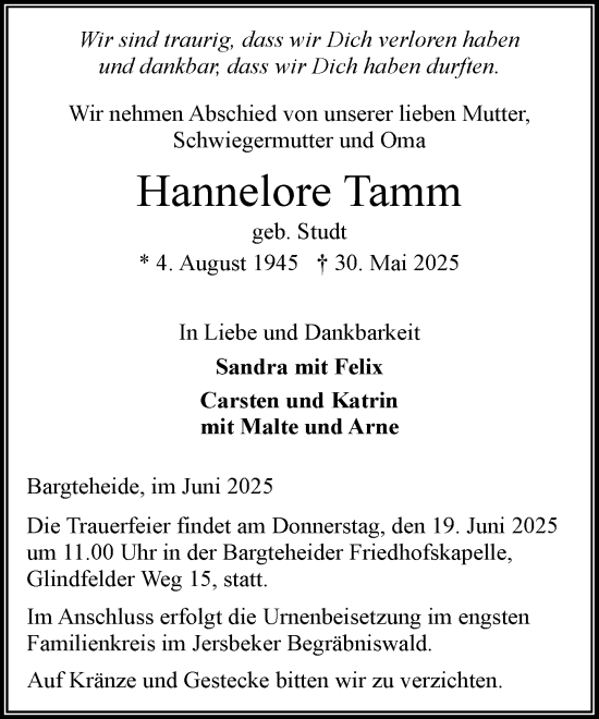 Traueranzeige von Hannelore Tamm von MARKT Ahrensburg/Bargteheide/Trittau und Stormarner Tageblatt