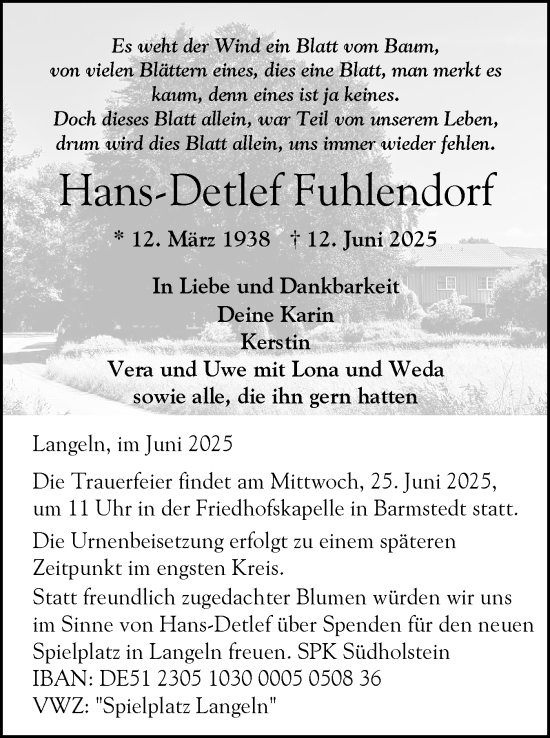 Traueranzeige von Hans-Detlef Fuhlendorf von Elmshorner Nachrichten, Barmstedter Zeitung
