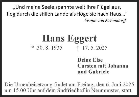 Traueranzeige von Hans Eggert von Holsteinischer Courier