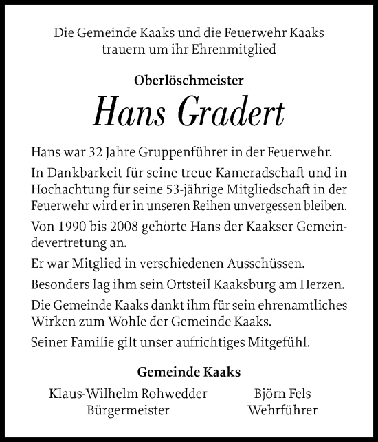 Traueranzeige von Hans Gradert von Norddeutsche Rundschau, Wilstersche Zeitung, Glückstädter Fortuna
