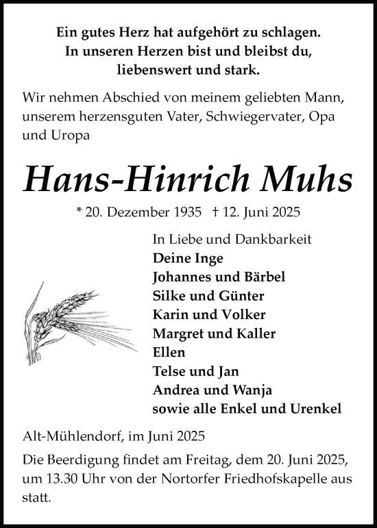Traueranzeige von Hans-Hinrich Muhs von Schleswig-Holsteinische Landeszeitung
