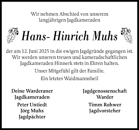 Traueranzeige von Hans-Hinrich Muhs von Schleswig-Holsteinische Landeszeitung