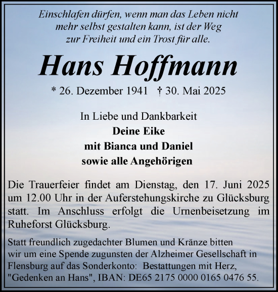 Traueranzeige von Hans Hoffmann von Flensburger Tageblatt