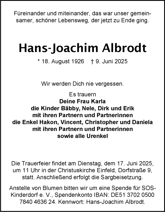 Traueranzeige von Hans-Joachim Albrodt von Holsteinischer Courier