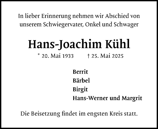 Traueranzeige von Hans-Joachim Kühl von Region Pinneberg und tip Pinneberg
