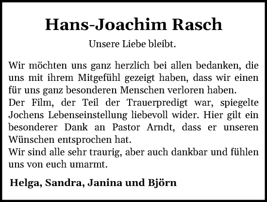 Traueranzeige von Hans-Joachim Rasch von Flensburger Tageblatt