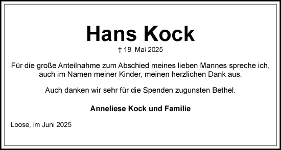 Traueranzeige von Hans Kock von Eckernförder Zeitung, Hallo Eckernförde