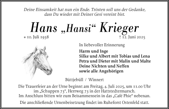 Traueranzeige von Hans Krieger von Husumer Nachrichten, Nordfriesland Tageblatt