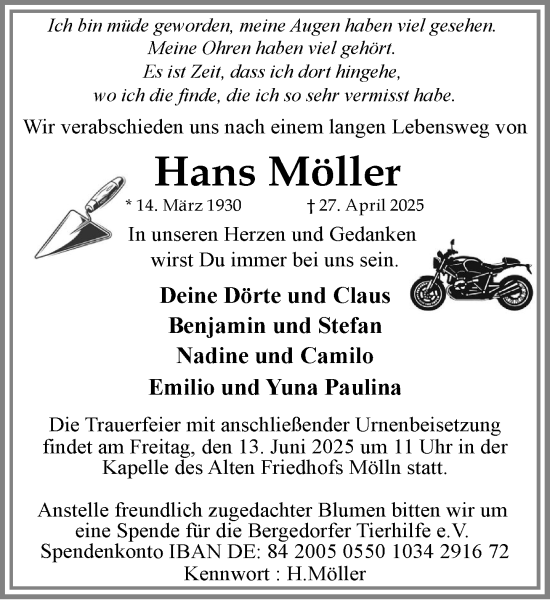 Traueranzeige von Hans Möller von MARKT Ratzeburg/Mölln