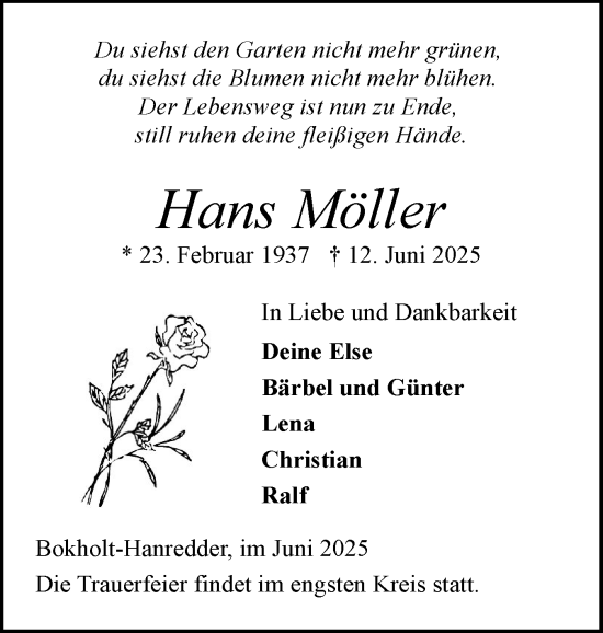 Traueranzeige von Hans Möller von Elmshorner Nachrichten, Barmstedter Zeitung