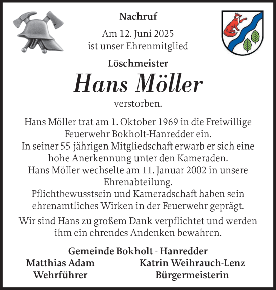 Traueranzeige von Hans Möller von Elmshorner Nachrichten, Barmstedter Zeitung