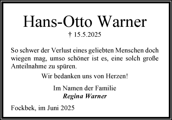 Traueranzeige von Hans-Otto Warner von Schleswig-Holsteinische Landeszeitung
