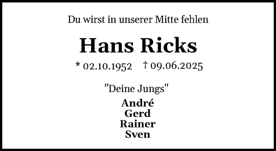 Traueranzeige von Hans Ricks von Schleswig-Holsteinische Landeszeitung