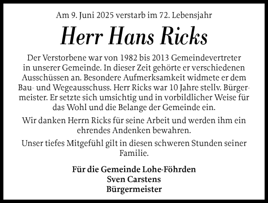 Traueranzeige von Hans Ricks von Schleswig-Holsteinische Landeszeitung