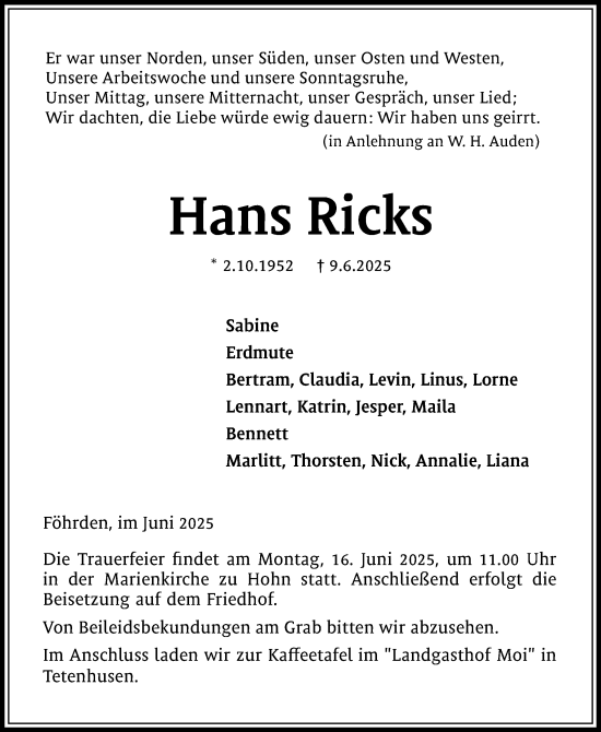 Traueranzeige von Hans Ricks von Schleswig-Holsteinische Landeszeitung