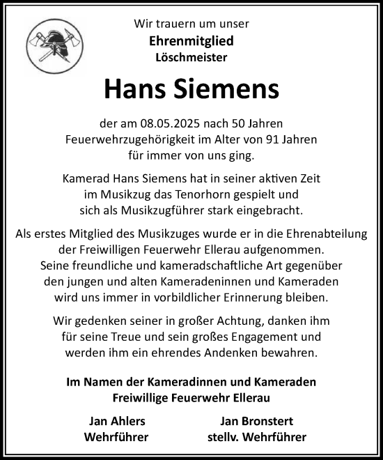 Traueranzeige von Hans Siemens von Umschau