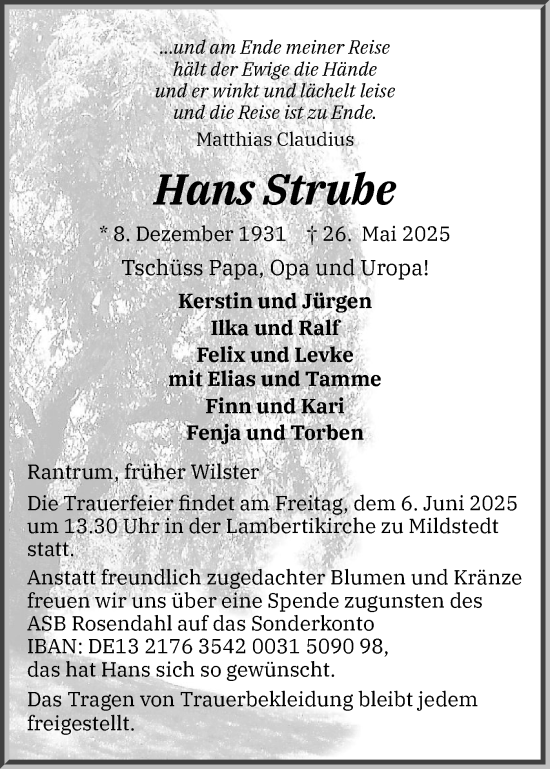 Traueranzeige von Hans Strube von Husumer Nachrichten, Nordfriesland Tageblatt