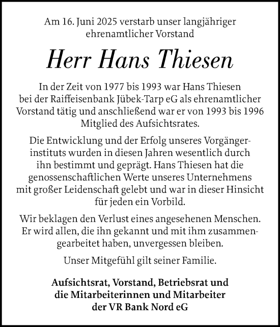 Traueranzeige von Hans Thiesen von Schleswiger Nachrichten, Schlei-Bote