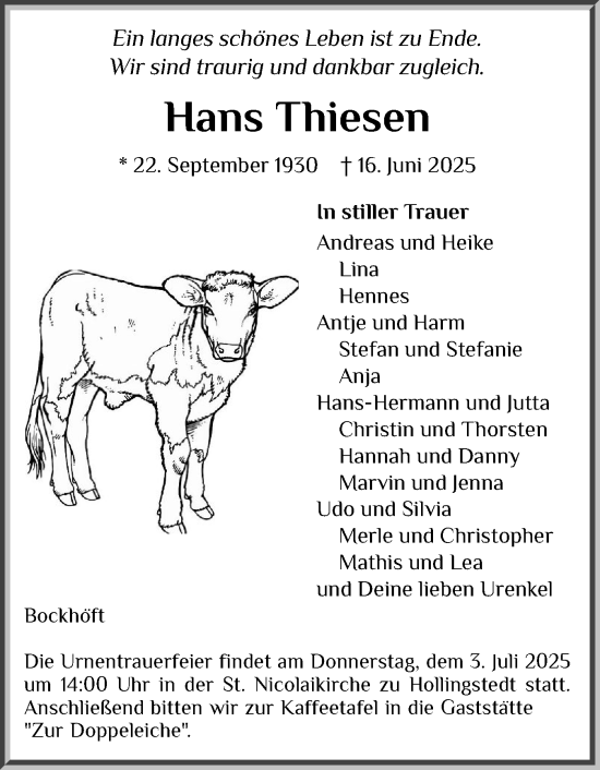 Traueranzeige von Hans Thiesen von Schleswiger Nachrichten, Schlei-Bote