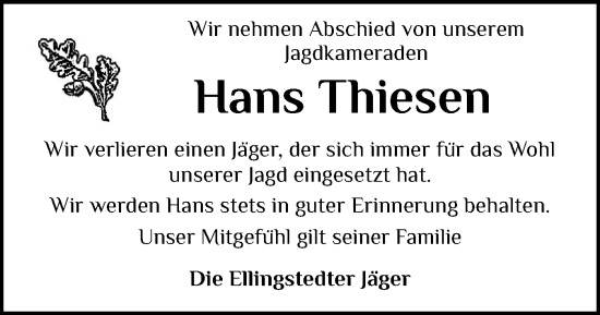 Traueranzeige von Hans Thiesen von Schleswiger Nachrichten, Schlei-Bote