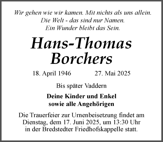Traueranzeige von Hans-Thomas Borchers von Husumer Nachrichten, Nordfriesland Tageblatt