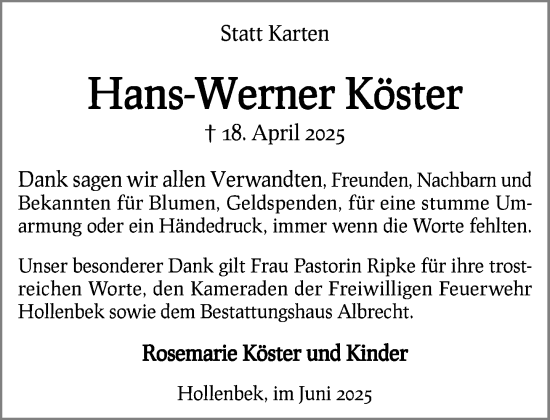 Traueranzeige von Hans-Werner Köster von MARKT Ratzeburg/Mölln