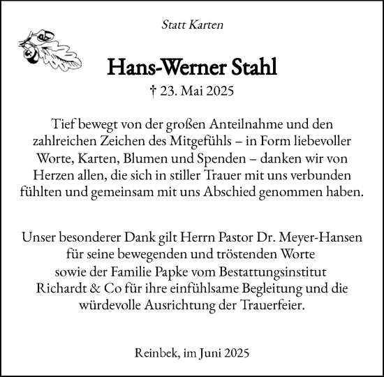 Traueranzeige von Hans-Werner Stahl von MARKT Glinde/Reinfeld