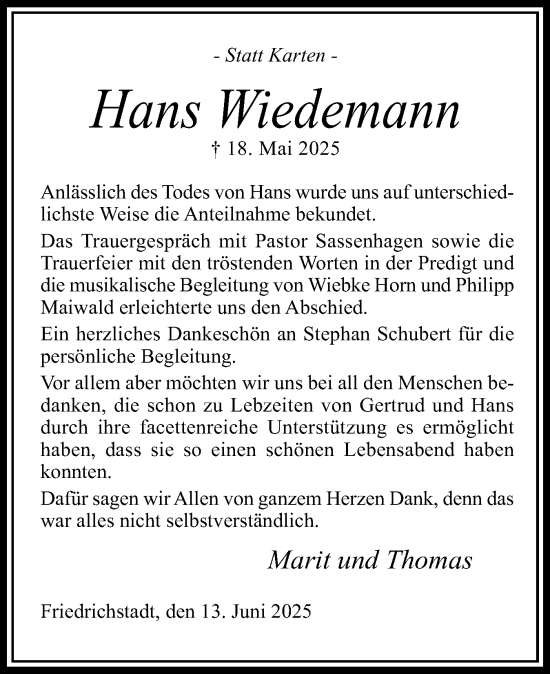 Traueranzeige von Hans Wiedemann von Husumer Nachrichten, Nordfriesland Tageblatt