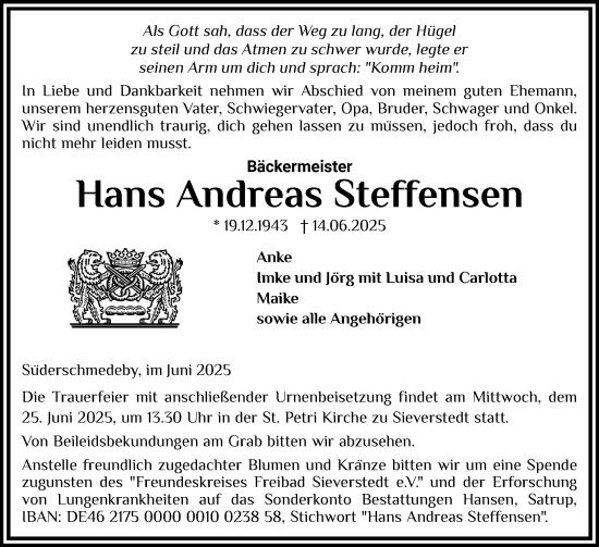 Traueranzeige von Hans Andreas Steffensen von Flensburger Tageblatt