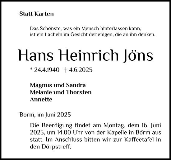 Traueranzeige von Hans Heinrich Jöns von Schleswig-Holsteinische Landeszeitung