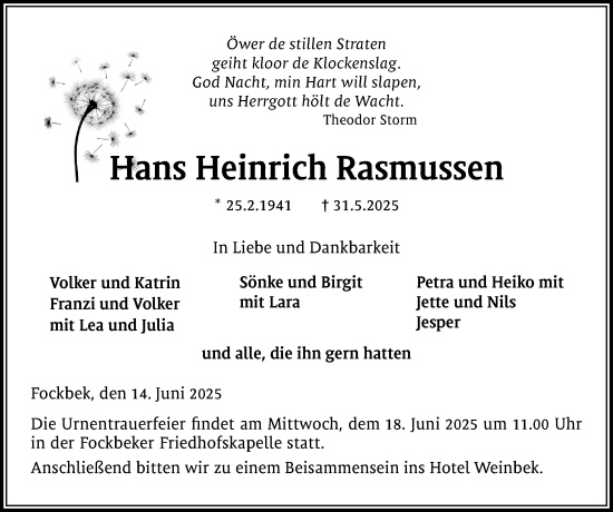 Traueranzeige von Hans Heinrich Rasmussen von Schleswig-Holsteinische Landeszeitung