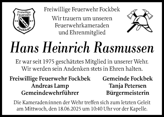 Traueranzeige von Hans Heinrich Rasmussen von Schleswig-Holsteinische Landeszeitung