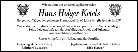 Traueranzeige von Hans Holger Ketels von Husumer Nachrichten, Nordfriesland Tageblatt